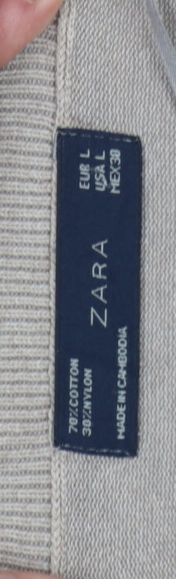Zara Women Beige UK 14 Short Sleeve Scoop Neck Cotton Knit Jumper