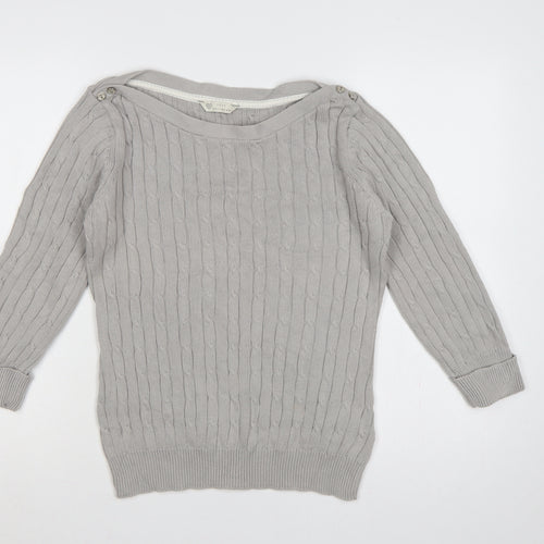 BHS Women Grey Cable Knit Boat Neck Button Shoulder Jumper Size 12
