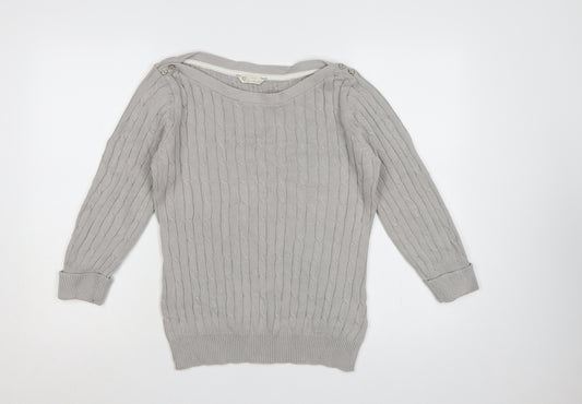 BHS Women Grey Cable Knit Boat Neck Button Shoulder Jumper Size 12