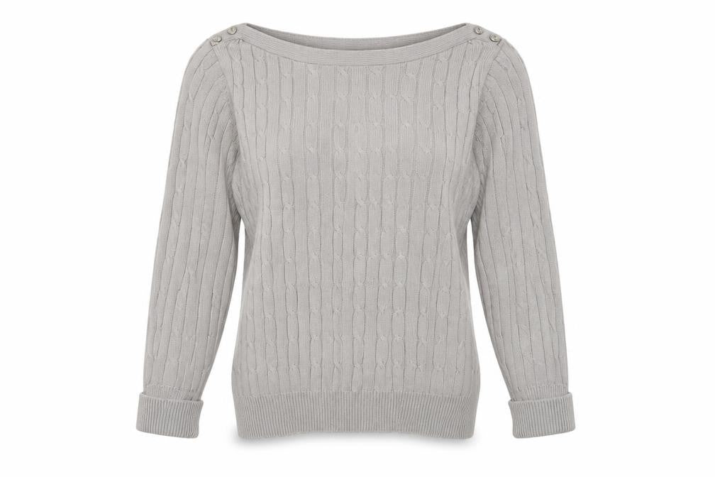 Front view of BHS Women Grey Cable Knit Boat Neck Button Shoulder Jumper, size 12