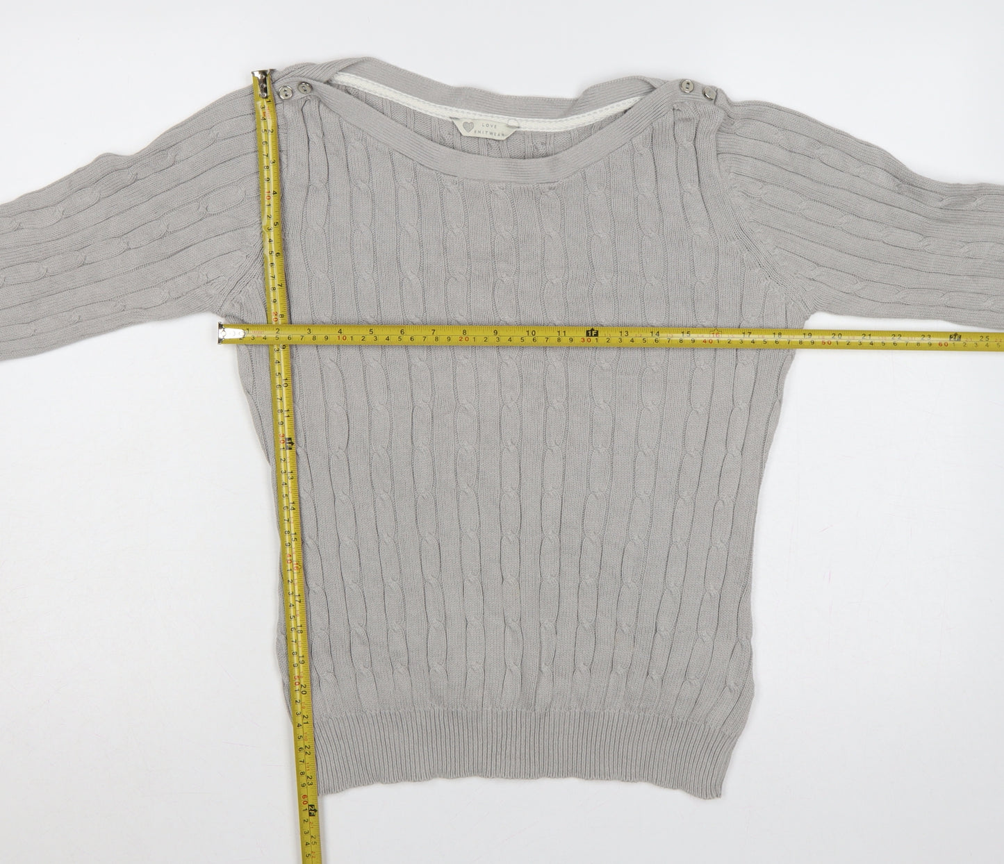 BHS Women Grey Cable Knit Boat Neck Button Shoulder Jumper Size 12