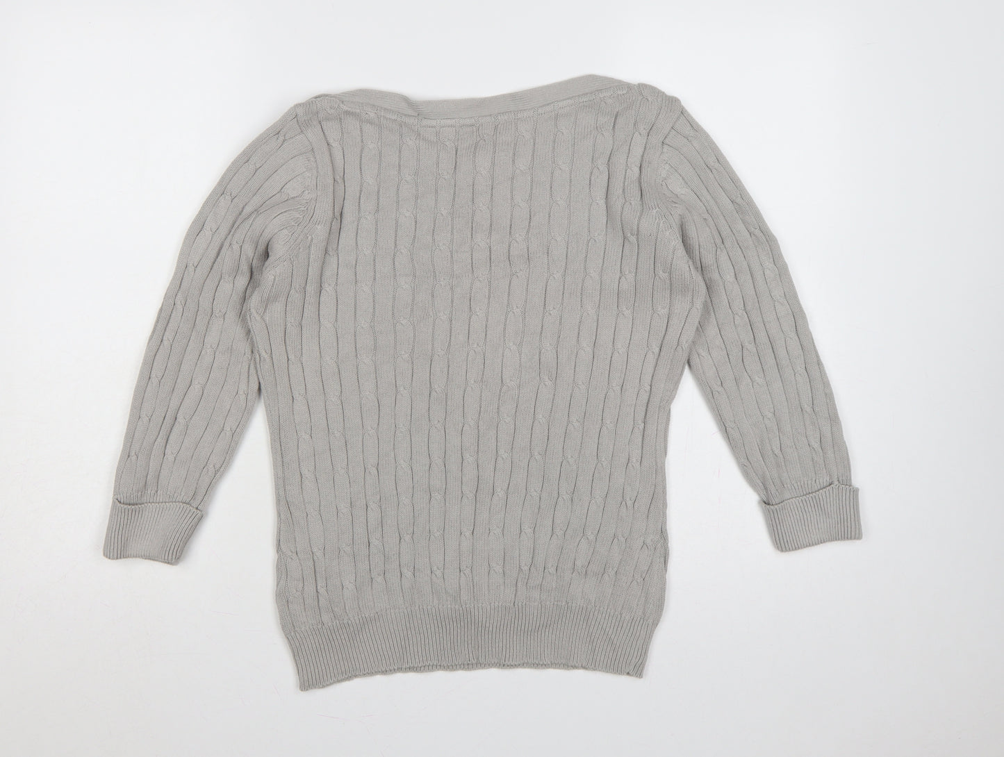BHS Women Grey Cable Knit Boat Neck Button Shoulder Jumper Size 12