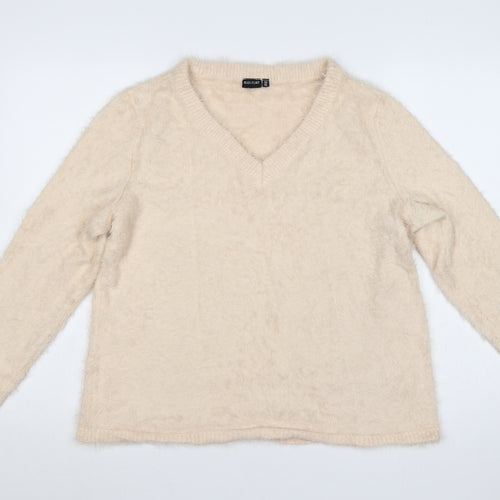 Bodyflirt Women Beige V-Neck Fluffy Knit Jumper Size L