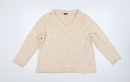 Bodyflirt Women Beige V-Neck Fluffy Knit Jumper Size L
