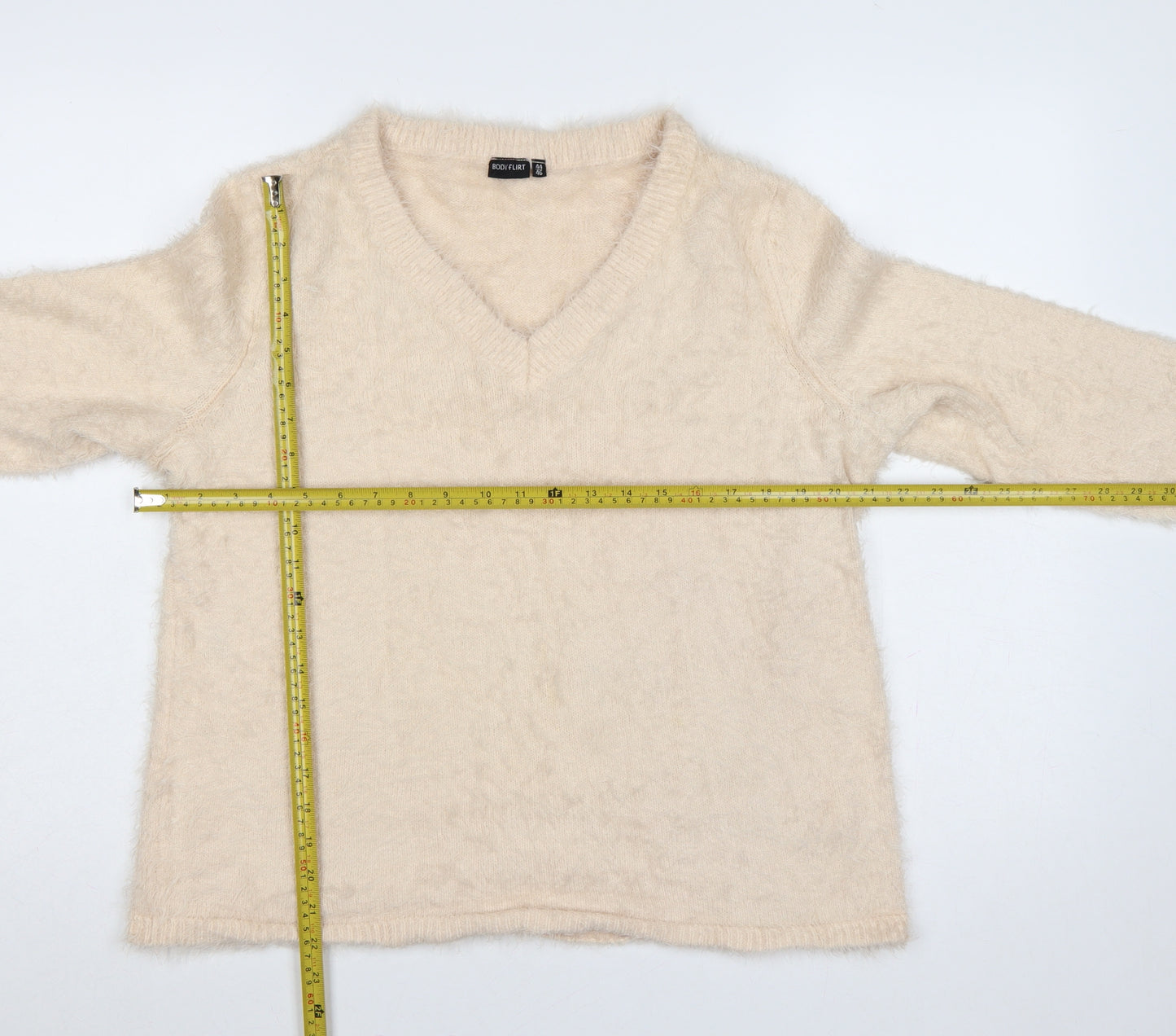 Bodyflirt Women Beige V-Neck Fluffy Knit Jumper Size L
