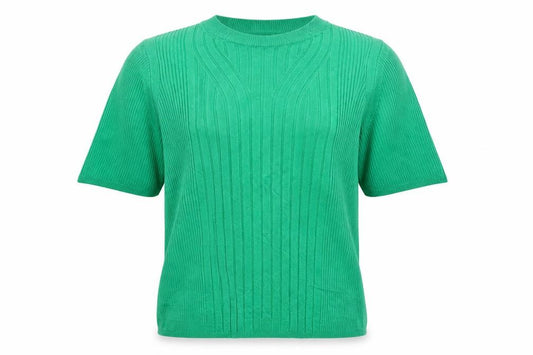 Front view of Marks and Spencer Women Green M Ribbed Short Sleeve Crew Neck Jumper