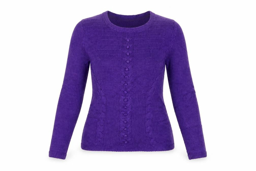 CC Women's Purple M Cable-Knit Linen Cotton Round Neck Jumper