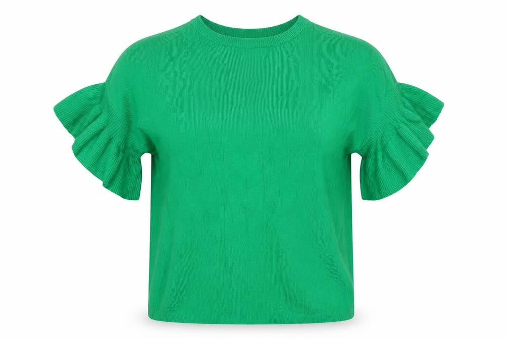 Front view of Warehouse Women Green UK 6 Ruffle Sleeve Knit jumper