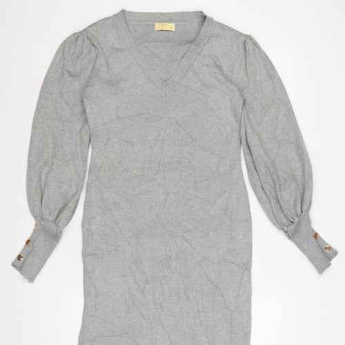 Emmash Paris Women Grey M Knit Jumper Dress V-Neck Balloon Sleeve