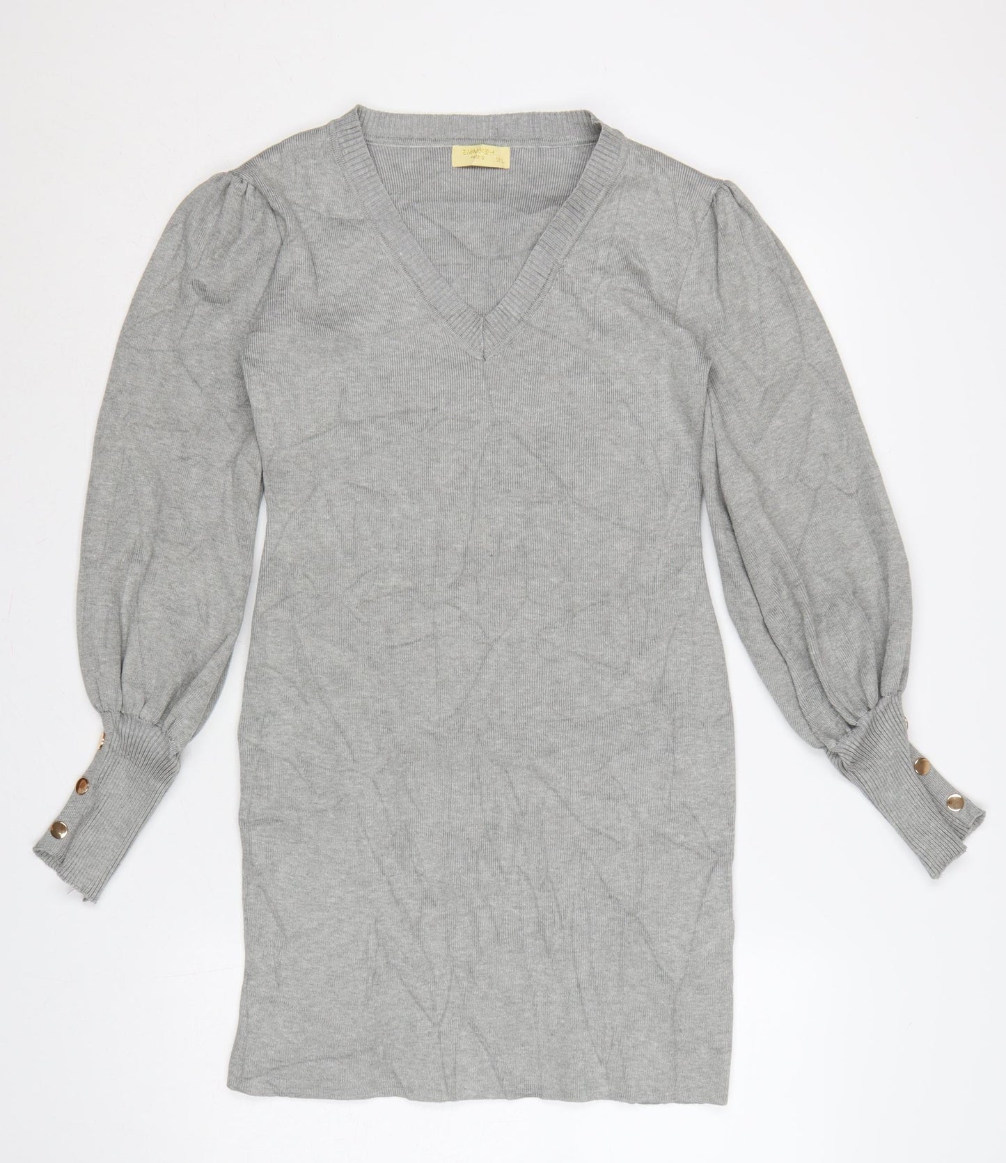 Emmash Paris Women Grey M Knit Jumper Dress V-Neck Balloon Sleeve
