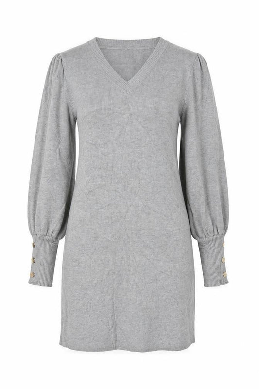 Front view of Emmash Paris Women Grey M Knit Jumper Dress V-Neck Balloon Sleeve