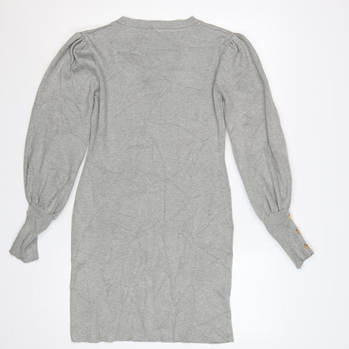 Emmash Paris Women Grey M Knit Jumper Dress V-Neck Balloon Sleeve