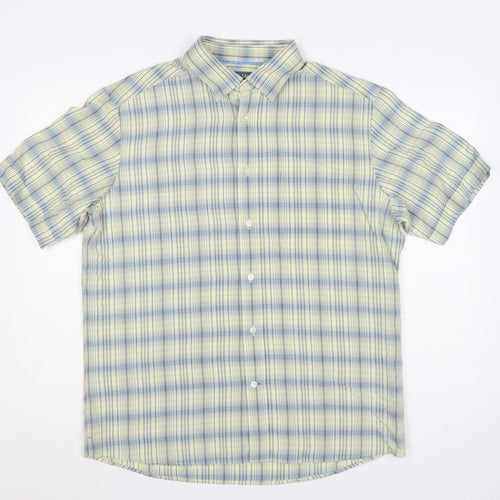 Marks & Spencer Men Yellow Blue Plaid Button-Down Shirt L Short Sleeve