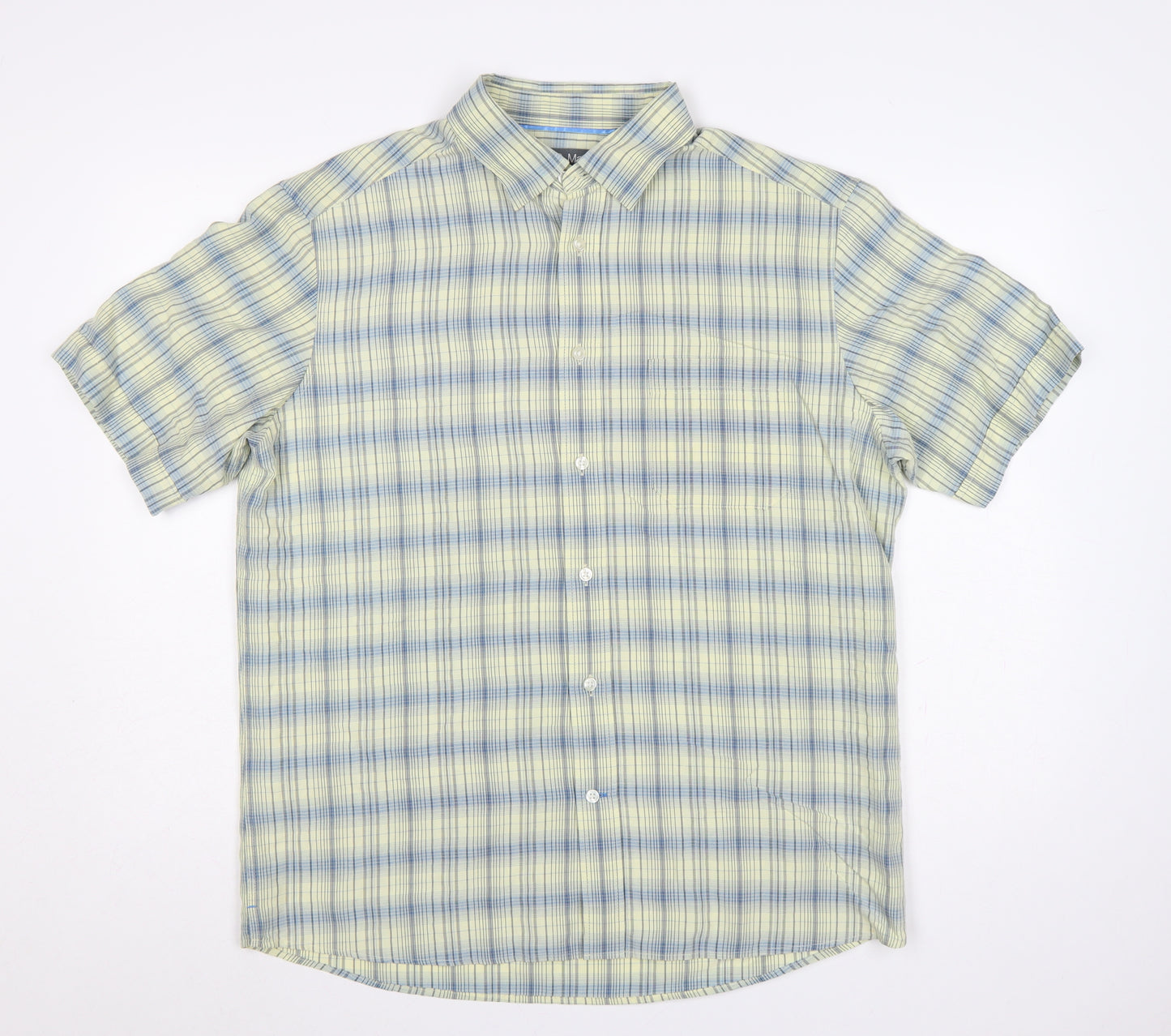 Marks & Spencer Men Yellow Blue Plaid Button-Down Shirt L Short Sleeve