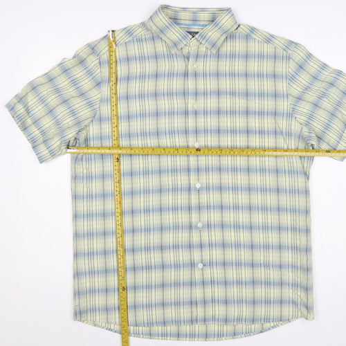 Marks & Spencer Men Yellow Blue Plaid Button-Down Shirt L Short Sleeve