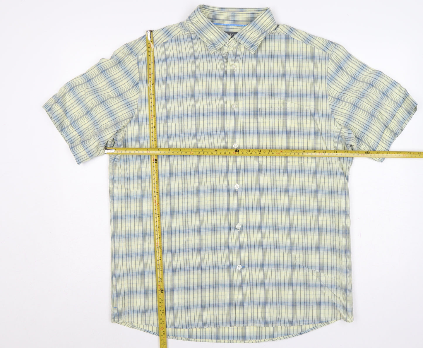 Marks & Spencer Men Yellow Blue Plaid Button-Down Shirt L Short Sleeve