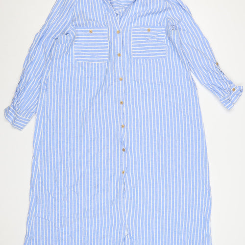 Zara Women Blue White Striped XL Long Linen Shirt Dress Collared