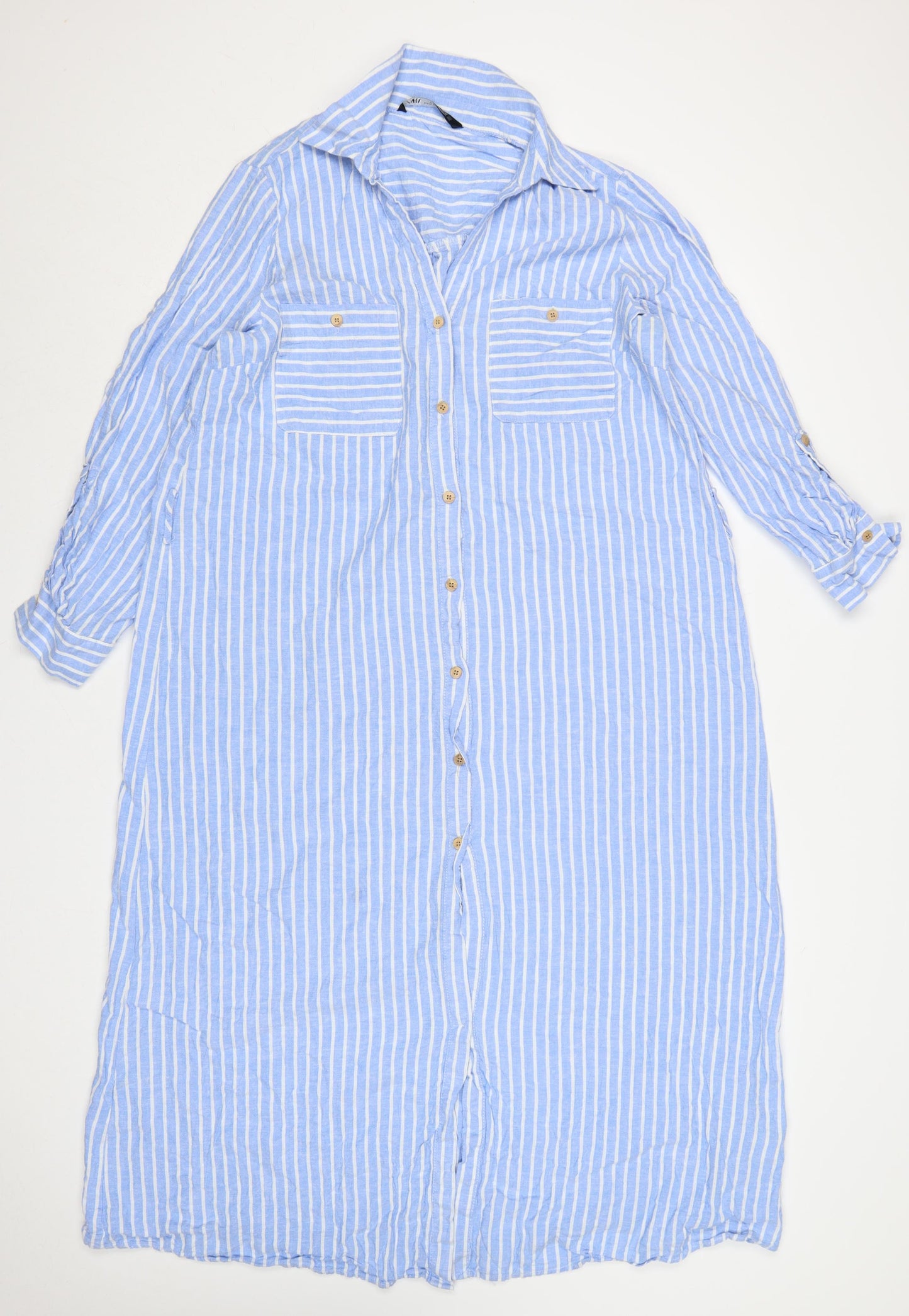 Zara Women Blue White Striped XL Long Linen Shirt Dress Collared