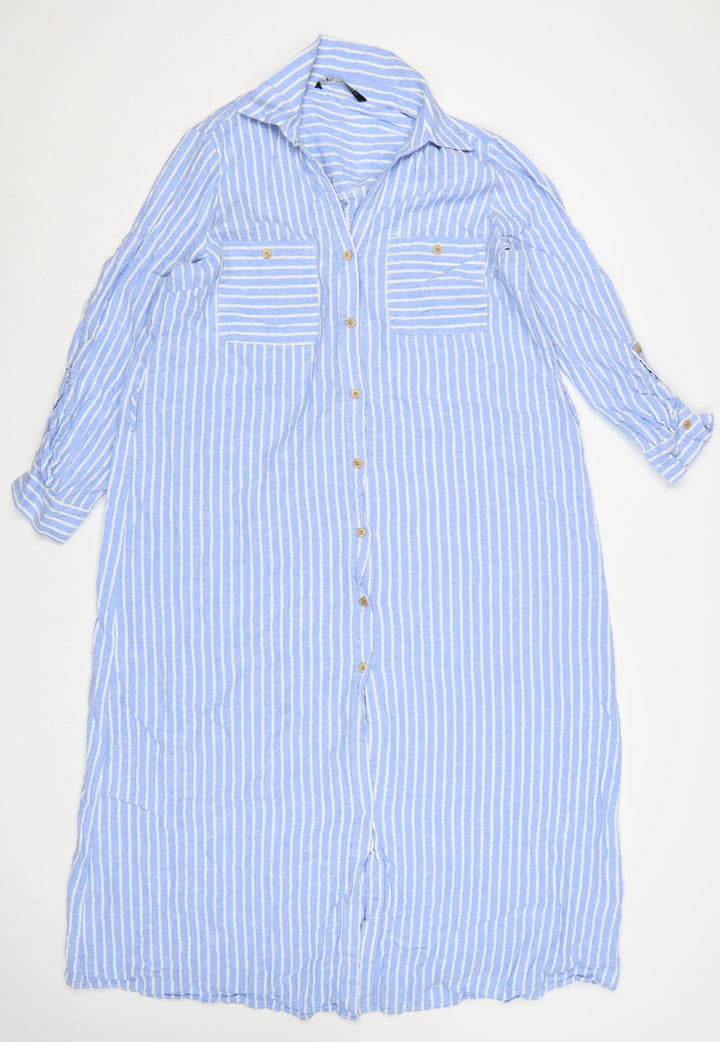 Zara Women Blue White Striped XL Long Linen Shirt Dress Collared