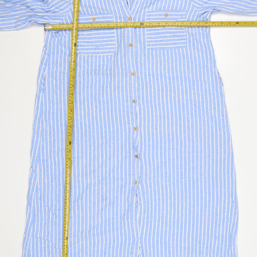 Zara Women Blue White Striped XL Long Linen Shirt Dress Collared