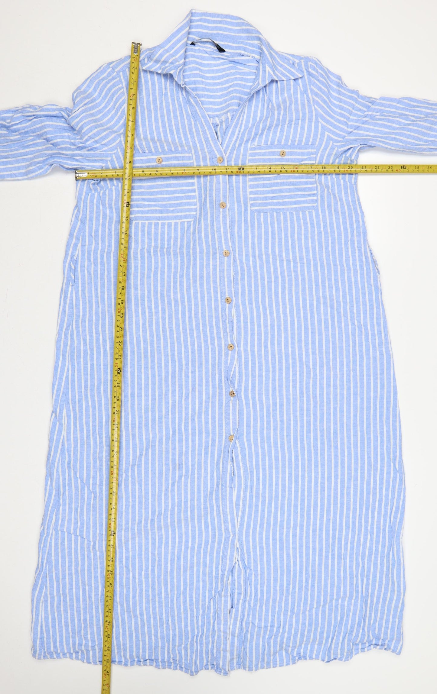 Zara Women Blue White Striped XL Long Linen Shirt Dress Collared