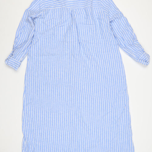 Zara Women Blue White Striped XL Long Linen Shirt Dress Collared