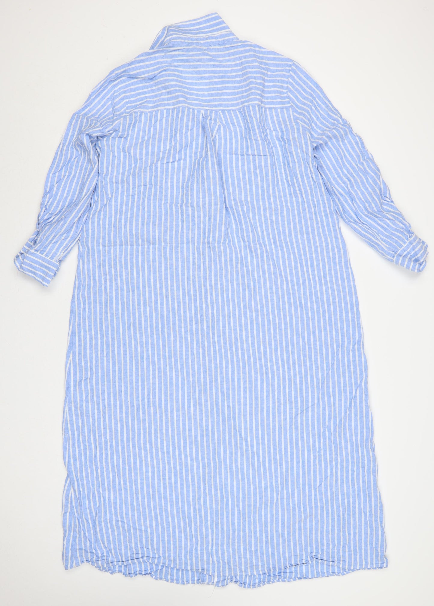 Zara Women Blue White Striped XL Long Linen Shirt Dress Collared