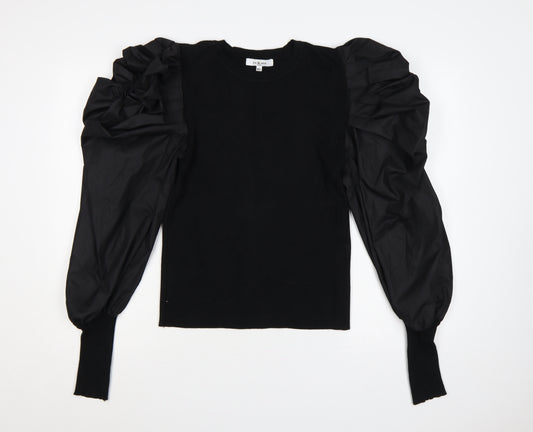 Yu & Me Paris Women Black M Ruffle Balloon Sleeve Knit Jumper