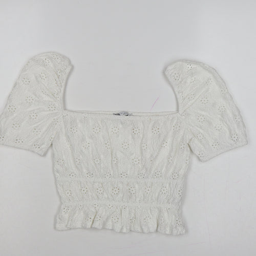 Zara Women Ivory S Cropped Puff Sleeve Square Neck Eyelet Blouse