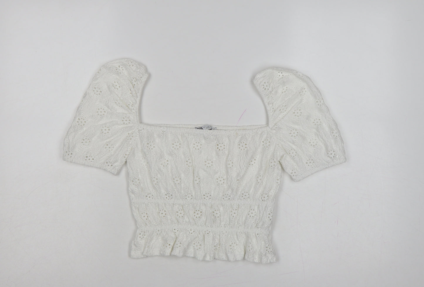 Zara Women Ivory S Cropped Puff Sleeve Square Neck Eyelet Blouse