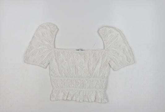 Zara Women Ivory S Cropped Puff Sleeve Square Neck Eyelet Blouse