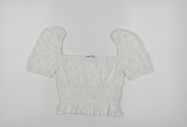 Zara Women Ivory S Cropped Puff Sleeve Square Neck Eyelet Blouse