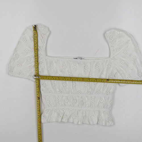 Zara Women Ivory S Cropped Puff Sleeve Square Neck Eyelet Blouse