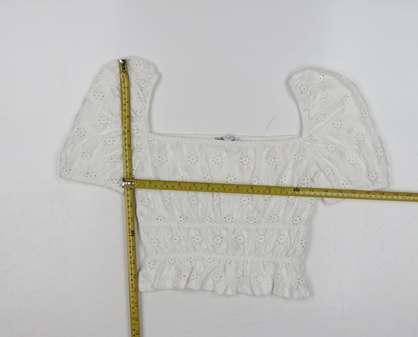 Zara Women Ivory S Cropped Puff Sleeve Square Neck Eyelet Blouse