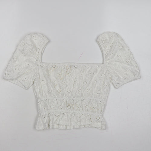Zara Women Ivory S Cropped Puff Sleeve Square Neck Eyelet Blouse