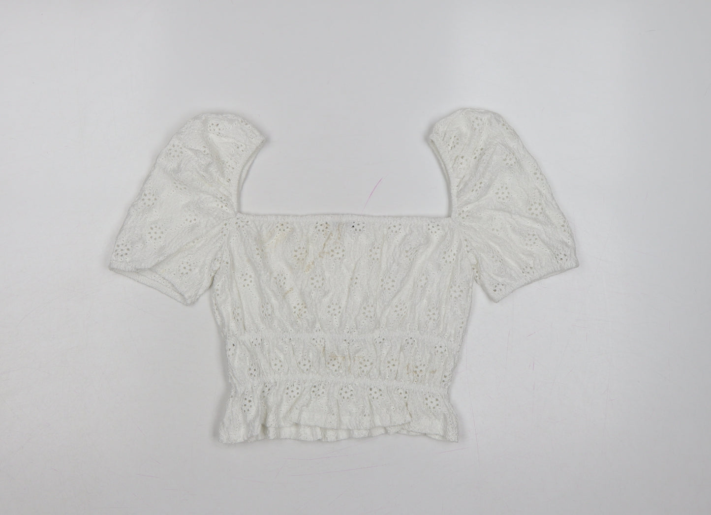 Zara Women Ivory S Cropped Puff Sleeve Square Neck Eyelet Blouse