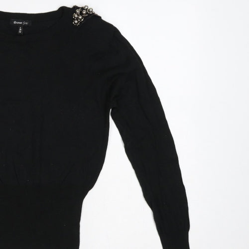 Brave Soul Women Black UK 10 Embellished Shoulder Crew Neck Knit Jumper