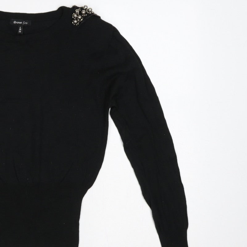 Brave Soul Women Black UK 10 Embellished Shoulder Crew Neck Knit Jumper