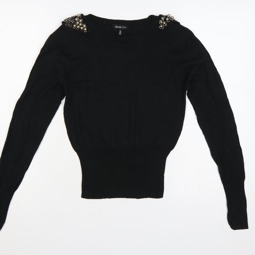 Brave Soul Women Black UK 10 Embellished Shoulder Crew Neck Knit Jumper