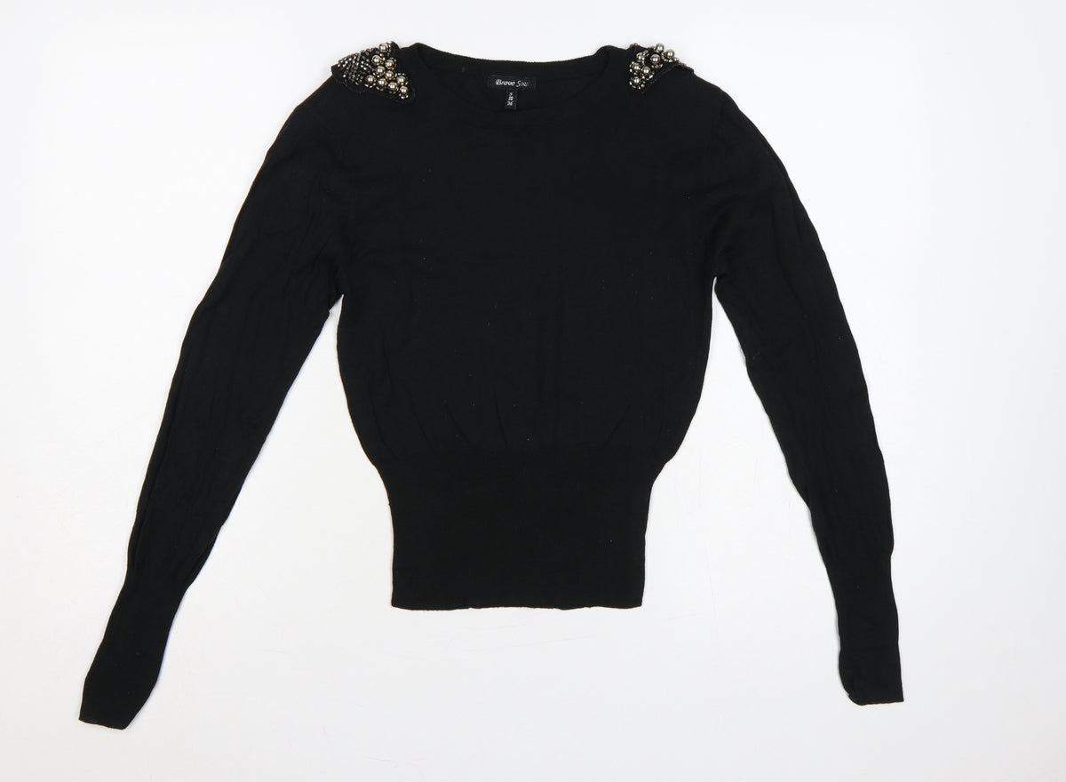 Brave Soul Women Black UK 10 Embellished Shoulder Crew Neck Knit Jumper