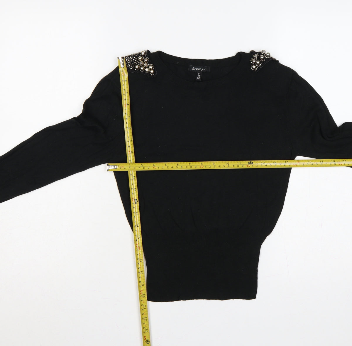 Brave Soul Women Black UK 10 Embellished Shoulder Crew Neck Knit Jumper