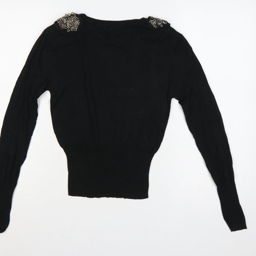 Brave Soul Women Black UK 10 Embellished Shoulder Crew Neck Knit Jumper