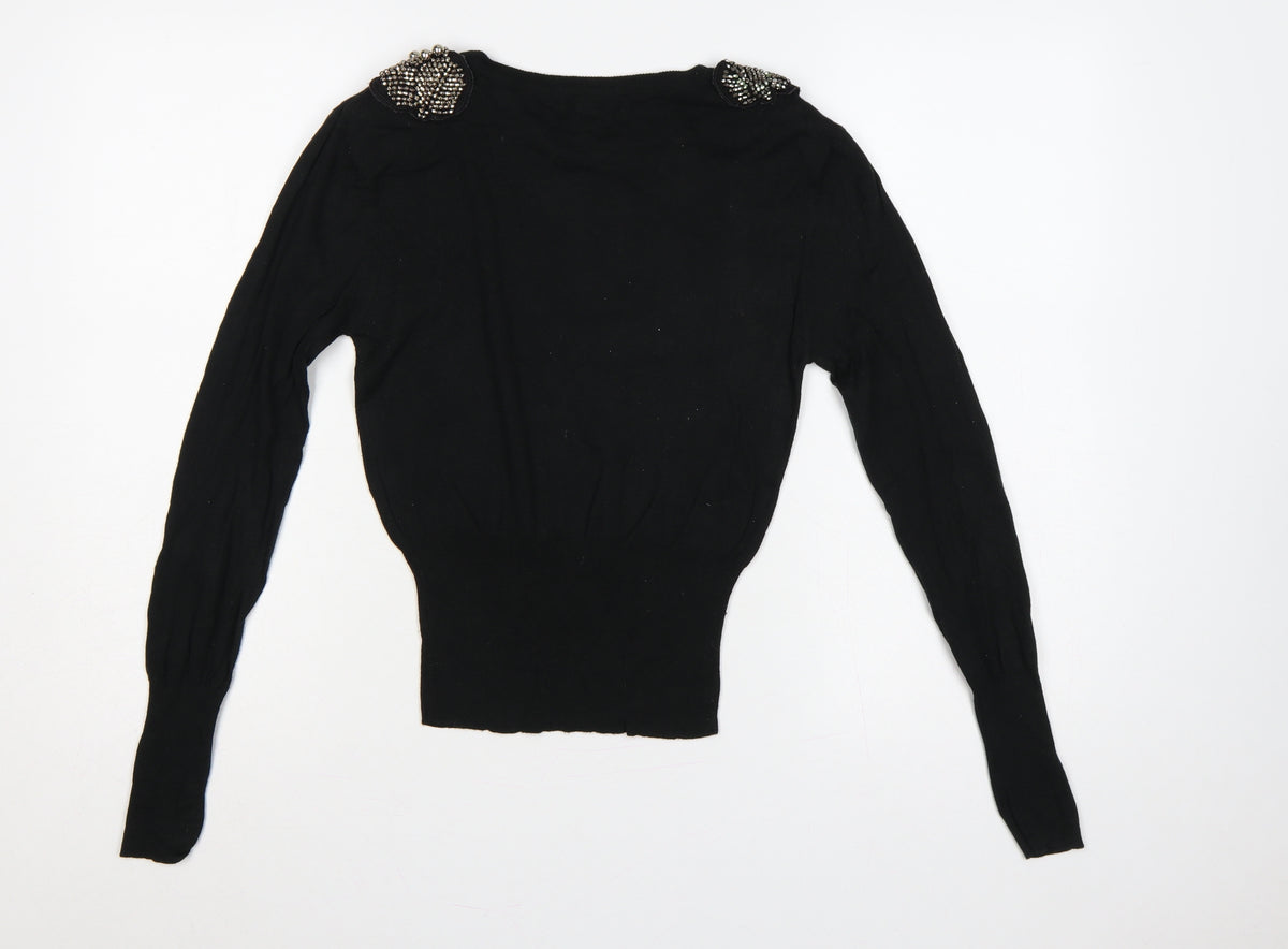 Brave Soul Women Black UK 10 Embellished Shoulder Crew Neck Knit Jumper