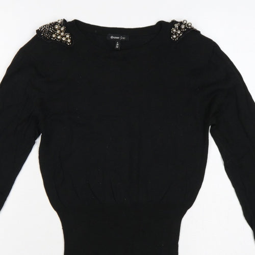 Brave Soul Women Black UK 10 Embellished Shoulder Crew Neck Knit Jumper