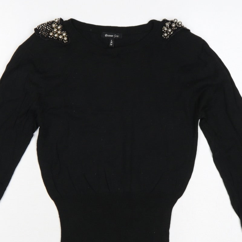 Brave Soul Women Black UK 10 Embellished Shoulder Crew Neck Knit Jumper