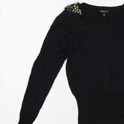 Brave Soul Women Black UK 10 Embellished Shoulder Crew Neck Knit Jumper