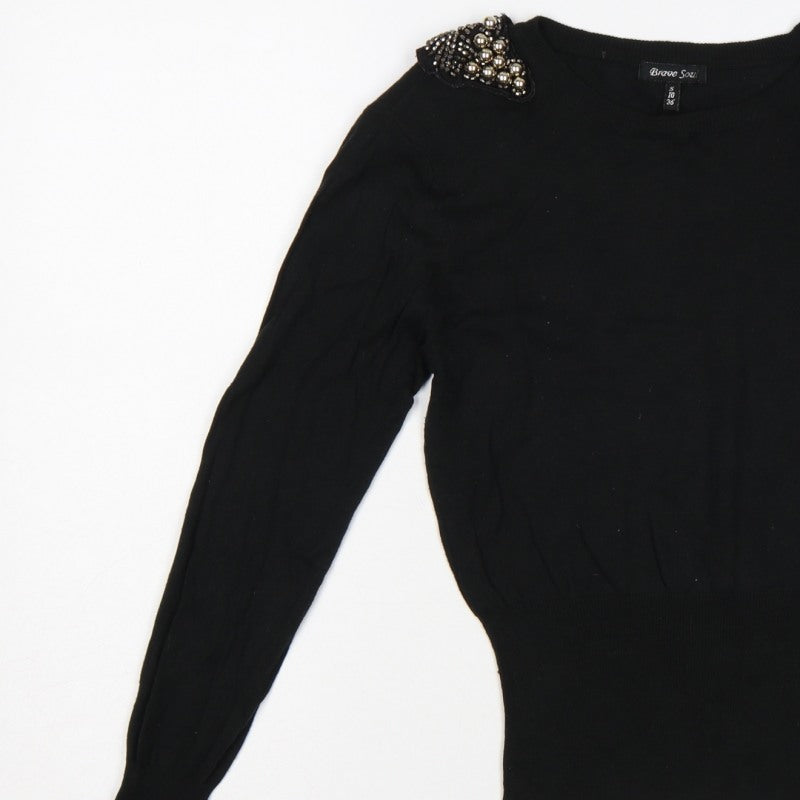 Brave Soul Women Black UK 10 Embellished Shoulder Crew Neck Knit Jumper
