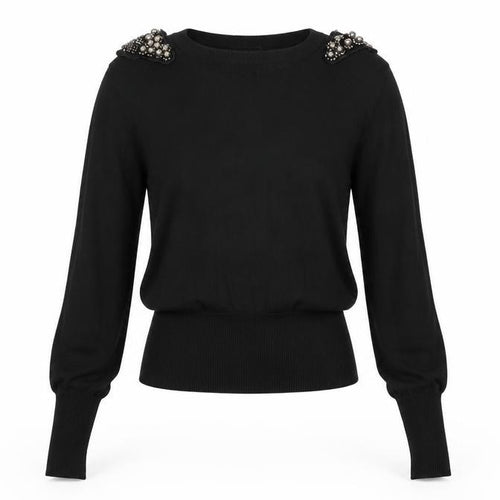 Brave Soul Women Black UK 10 Embellished Shoulder Crew Neck Knit Jumper