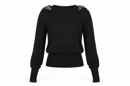 Brave Soul Women Black UK 10 Embellished Shoulder Crew Neck Knit Jumper