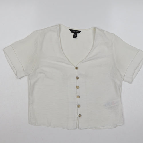 New Look Women White UK 10 V-Neck Button Front Short Sleeve Blouse